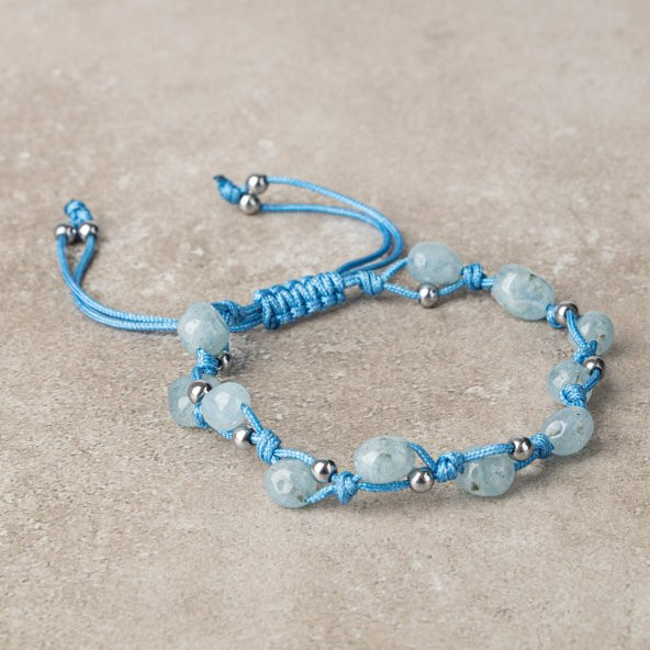 Akuamarin Natürel Kesim Doğal Taş Makrome Bileklik - Resim 2