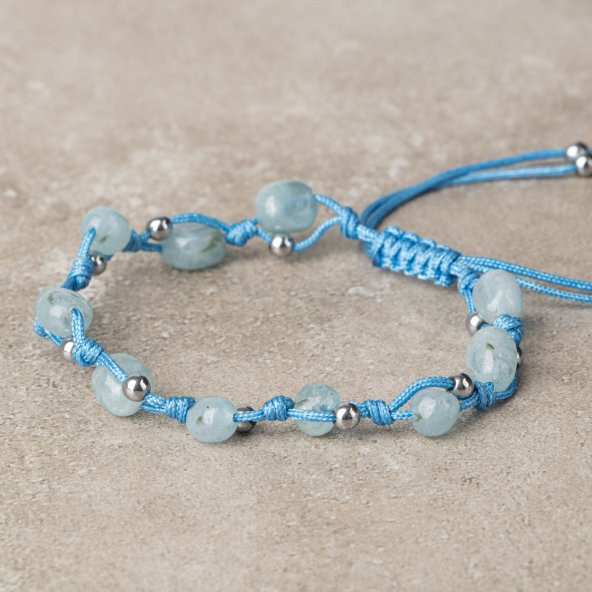 Akuamarin Natürel Kesim Doğal Taş Makrome Bileklik - Resim 3