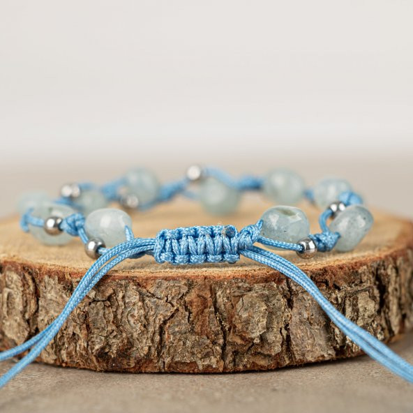 Akuamarin Natürel Kesim Doğal Taş Makrome Bileklik - Resim 4