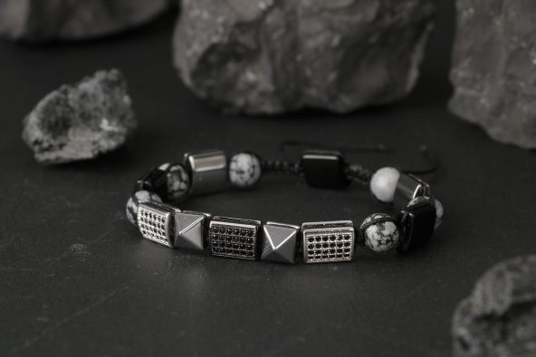 Obsidyen-Karlı Obsidyen-Hematit Zirkon Doğal Taş Bileklik - 3