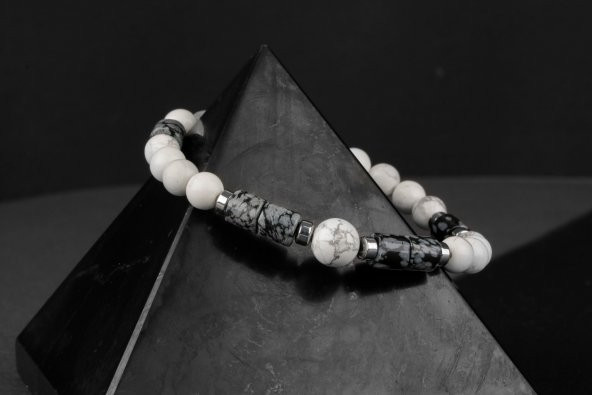 Havlit-Karlı Obsidyen-Hematit Doğal Taş Bileklik - 6