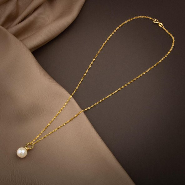 İnci Doğal Taş Gümüş Tasarım Zincir Kolye - 50cm - 2