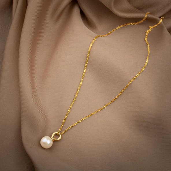 İnci Doğal Taş Gümüş Tasarım Zincir Kolye - 50cm - 4