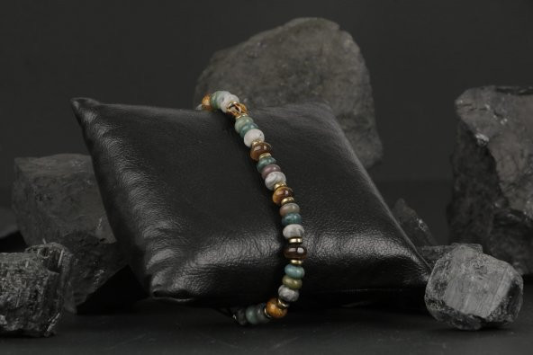 Zeytuni Gri Jasper-Kaplan Gözü-Hint Akik Doğal Taş Erkek Bileklik - 7