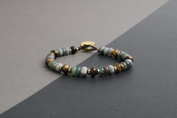 Zeytuni Gri Jasper-Kaplan Gözü-Hint Akik Doğal Taş Erkek Bileklik - 8