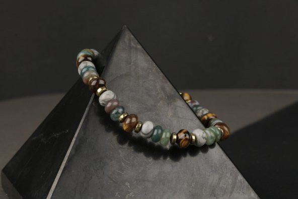 Zeytuni Gri Jasper-Kaplan Gözü-Hint Akik Doğal Taş Erkek Bileklik - 9