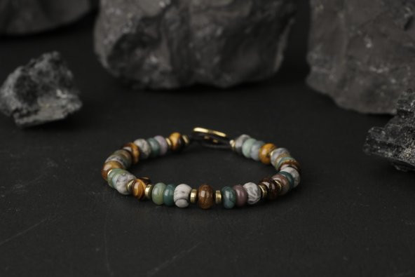 Zeytuni Gri Jasper-Kaplan Gözü-Hint Akik Doğal Taş Erkek Bileklik - 10