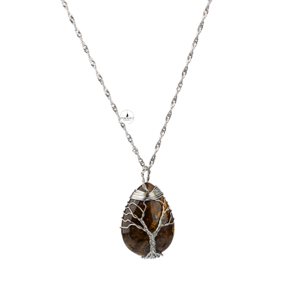 Kaplan Gözü Hayat Ağacı Doğal Taş Gümüş Zincir Kolye