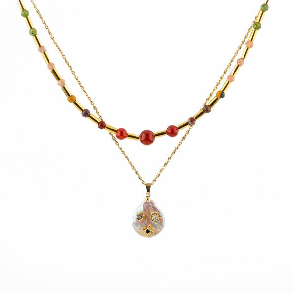 Çakra-İnci Doğal Taş Kolye Seti-Ay Taşı-Ametist-Lapis-Amazonit-Yeşim-Güneş Taşı-Jasper-Akik