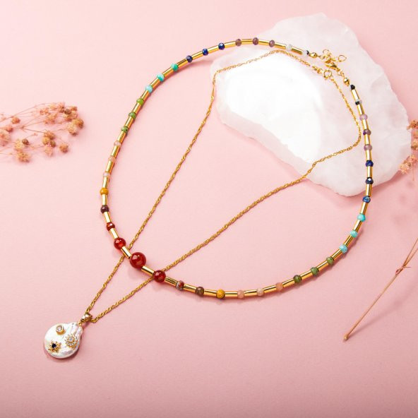 Çakra-İnci Doğal Taş Kolye Seti-Ay Taşı-Ametist-Lapis-Amazonit-Yeşim-Güneş Taşı-Jasper-Akik - 2