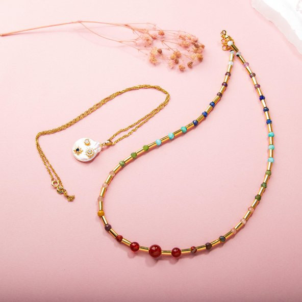 Çakra-İnci Doğal Taş Kolye Seti-Ay Taşı-Ametist-Lapis-Amazonit-Yeşim-Güneş Taşı-Jasper-Akik - 3