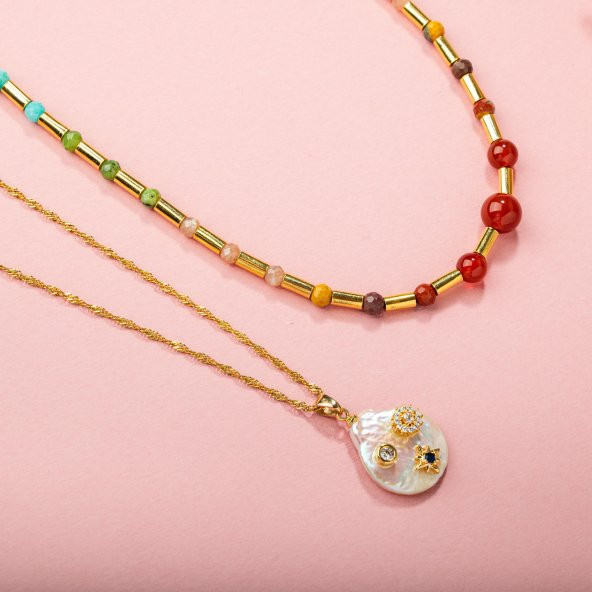 Çakra-İnci Doğal Taş Kolye Seti-Ay Taşı-Ametist-Lapis-Amazonit-Yeşim-Güneş Taşı-Jasper-Akik - 4