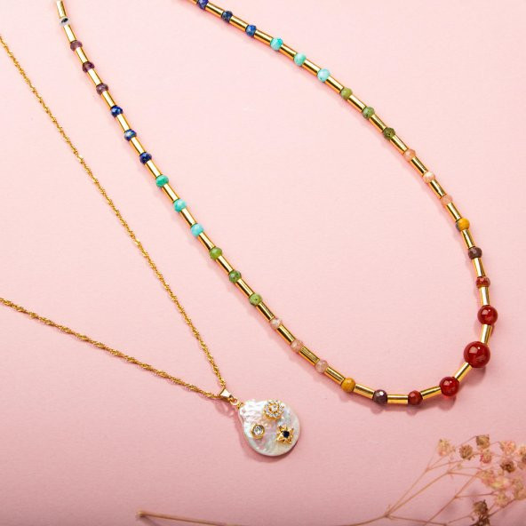 Çakra-İnci Doğal Taş Kolye Seti-Ay Taşı-Ametist-Lapis-Amazonit-Yeşim-Güneş Taşı-Jasper-Akik - 5