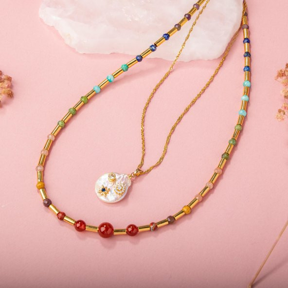 Çakra-İnci Doğal Taş Kolye Seti-Ay Taşı-Ametist-Lapis-Amazonit-Yeşim-Güneş Taşı-Jasper-Akik - 7