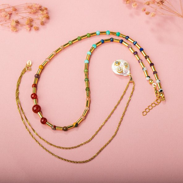 Çakra-İnci Doğal Taş Kolye Seti-Ay Taşı-Ametist-Lapis-Amazonit-Yeşim-Güneş Taşı-Jasper-Akik - 8