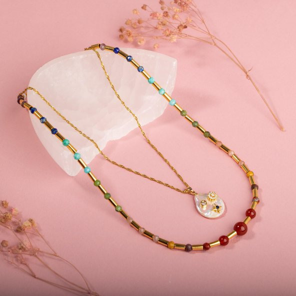 Çakra-İnci Doğal Taş Kolye Seti-Ay Taşı-Ametist-Lapis-Amazonit-Yeşim-Güneş Taşı-Jasper-Akik - 9