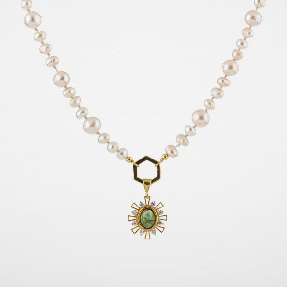 İnci-Zebercet Doğal Taş Gümüş Kolye