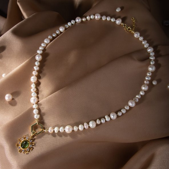 İnci-Zebercet Doğal Taş Gümüş Kolye - 2