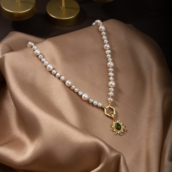 İnci-Zebercet Doğal Taş Gümüş Kolye - 11