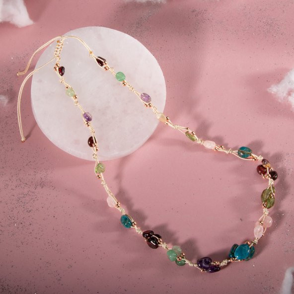 Başak Burcu Kolye Ametist, Bordo Granat Lal, Jasper, Mavi Apatit, Pembe Kuvars, Yeşil Aventurin, Zebercet (Peridot) - 3