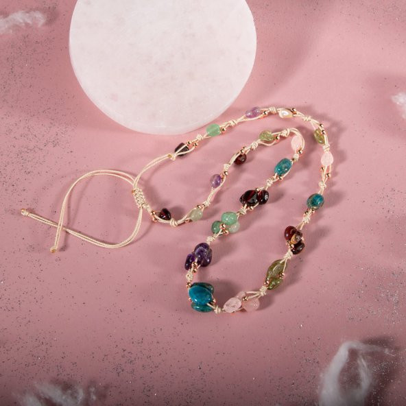 Başak Burcu Kolye Ametist, Bordo Granat Lal, Jasper, Mavi Apatit, Pembe Kuvars, Yeşil Aventurin, Zebercet (Peridot) - 8
