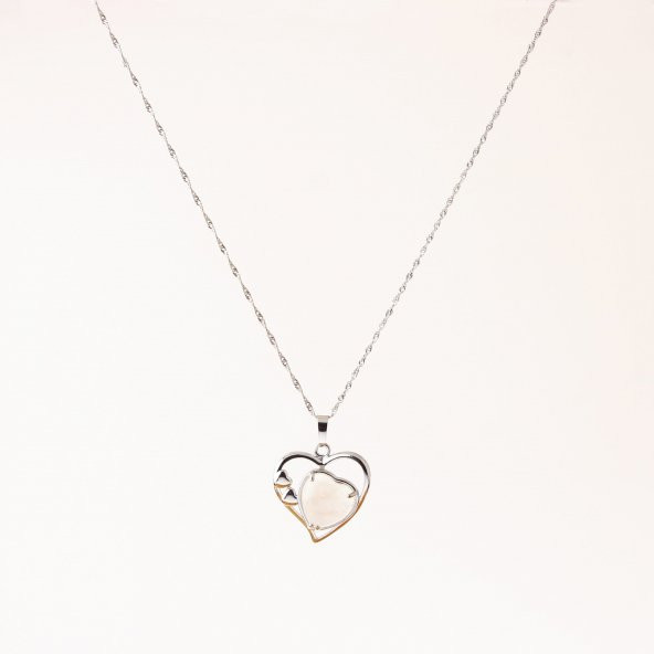 Ay Taşı Doğal Taş Kalpli Kolye, Gümüş Zincir