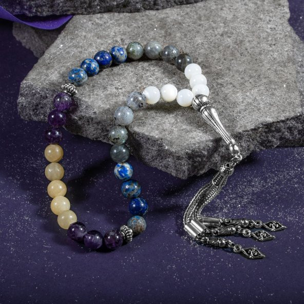 Yay Burcu Tesbih Ametist, Kalsit, Labradorit, Lapis Lazuli, Sedef - 6