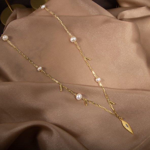 İnci Doğal Taş Gümüş Kolye - 2