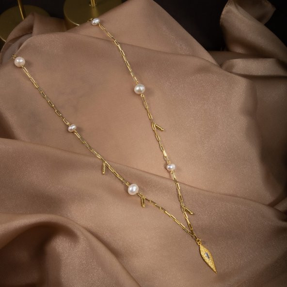 İnci Doğal Taş Gümüş Kolye - 10