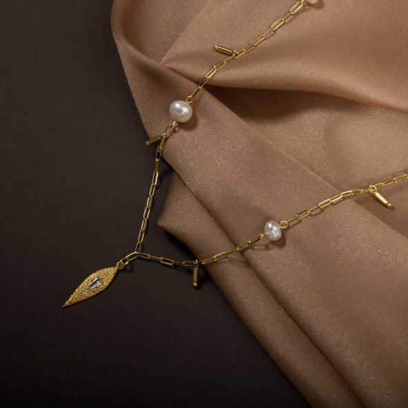 İnci Doğal Taş Gümüş Kolye - 11