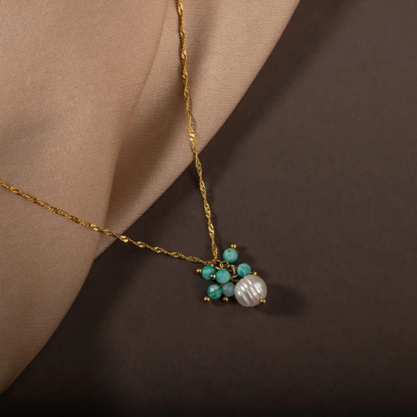 İnci-Amazonit Doğal Taş Gümüş Kolye - 3