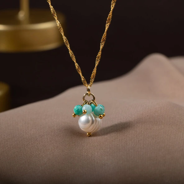 İnci-Amazonit Doğal Taş Gümüş Kolye - 10