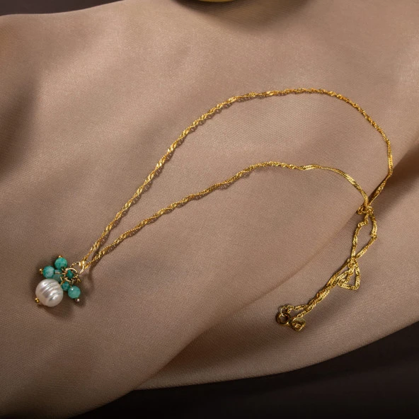 İnci-Amazonit Doğal Taş Gümüş Kolye - 2