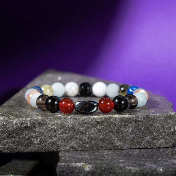 Terazi Burcu Bileklik Akuamarin, Ay Taşı, Dumanlı Kuvars, Golden Obsidyen, Güneş Taşı, Kırmızı Akik, Labradorit, Lapis Lazuli