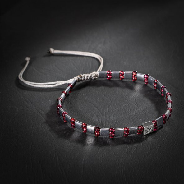 Bordo Granat Lal-Hematit Doğal Taş Erkek Makrome Bileklik - 5