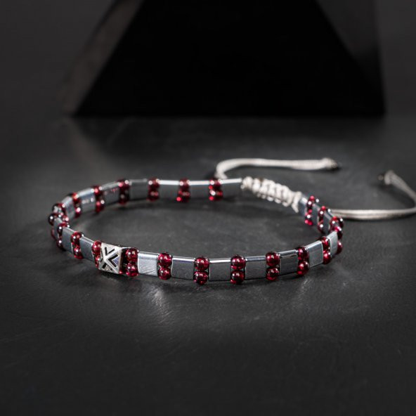 Bordo Granat Lal-Hematit Doğal Taş Erkek Makrome Bileklik - 7