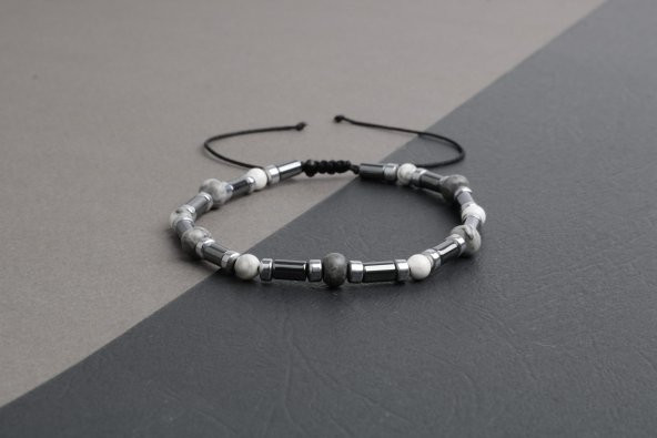 Gri Jasper-Hematit-Havlit Doğal Taş Bileklik - 8