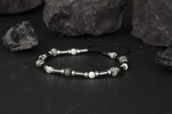 Gri Jasper-Hematit-Havlit Doğal Taş Bileklik - 10