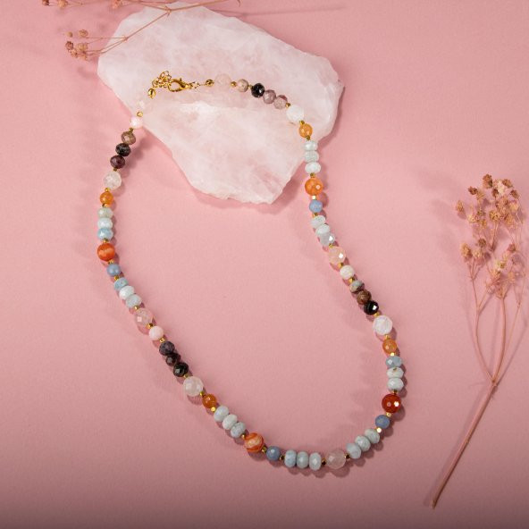 Anjelit-Morganit-Pembe Kuvars-Renkli Turmalin-Ay Taşı-Turuncu Aventurin-Akuamarin-Madagaskar Akik Doğal Taş Kolye - 2