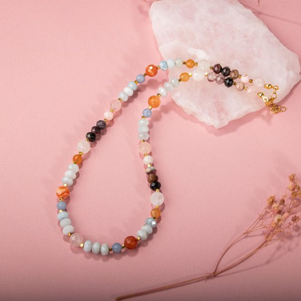 Anjelit-Morganit-Pembe Kuvars-Renkli Turmalin-Ay Taşı-Turuncu Aventurin-Akuamarin-Madagaskar Akik Doğal Taş Kolye - 3