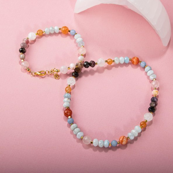 Anjelit-Morganit-Pembe Kuvars-Renkli Turmalin-Ay Taşı-Turuncu Aventurin-Akuamarin-Madagaskar Akik Doğal Taş Kolye - 6