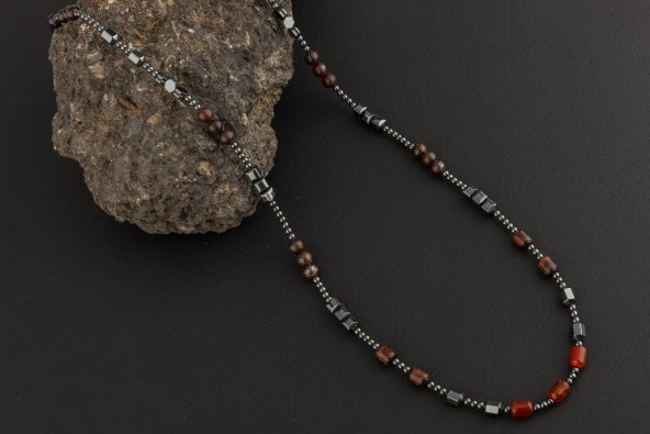 Akik-Kaplan Gözü-Bronzit-Jasper-Kuvars-Lal-Pirit-Obsidyen Doğal Taş Erkek Kolye - 3