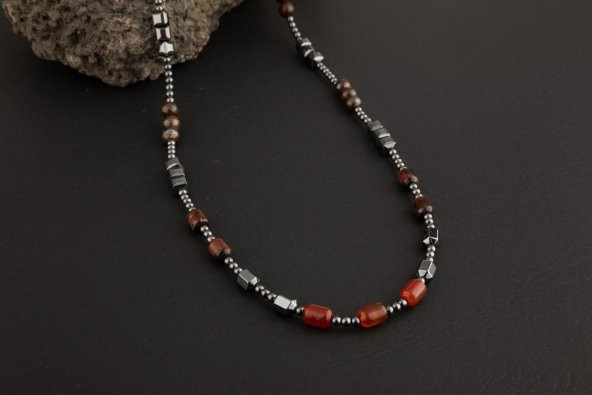 Akik-Kaplan Gözü-Bronzit-Jasper-Kuvars-Lal-Pirit-Obsidyen Doğal Taş Erkek Kolye - 4