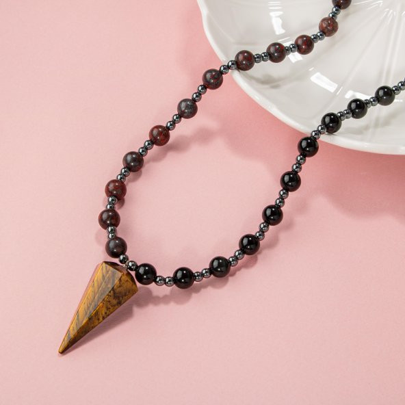 Kaplan Gözü-Obsidyen-Dragon Jasper-Hematit Doğal Taş Kolye - 3