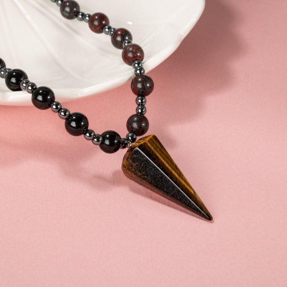 Kaplan Gözü-Obsidyen-Dragon Jasper-Hematit Doğal Taş Kolye - 7