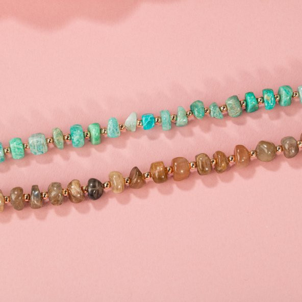 Amazonit-Güneş Taşı-Hematit Doğal Taş Kolye - 8