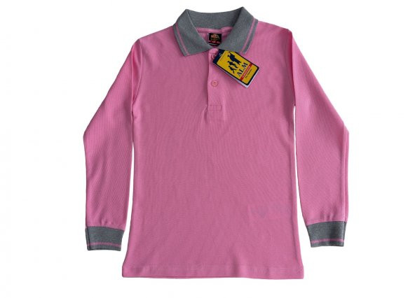 Polo Yaka Tişört çocuk uzun kol gri çizgi yaka pembe  Okul Tişört/t-shirt