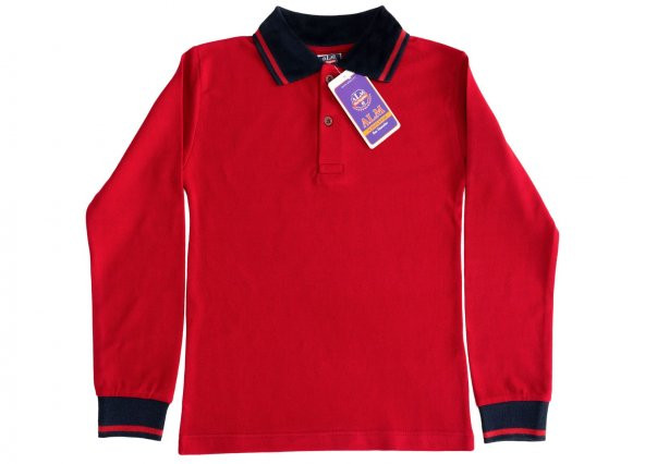 Polo Yaka Tişört çocuk uzun kol siyah çizgi yaka kırmızı  Okul Tişört/t-shirt