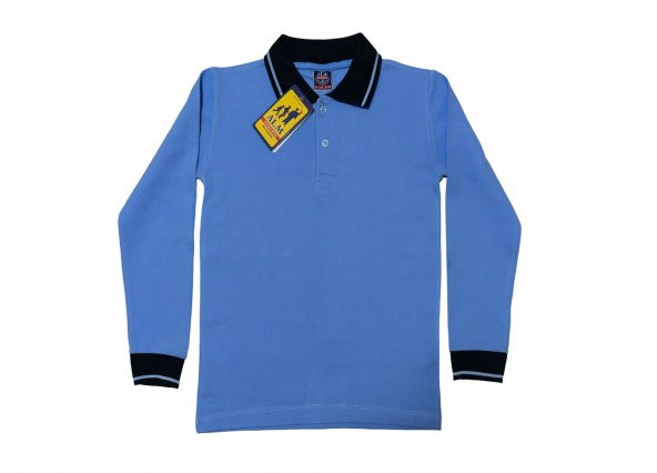 Polo Yaka Tişört çocuk uzun kol siyah çizgi yaka mavi  Okul Tişört/t-shirt