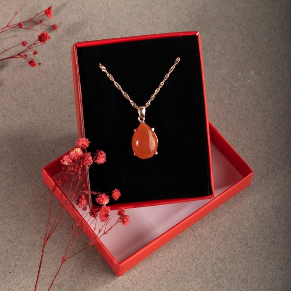 Karnelyan Akik Doğal Taş Rose Gümüş Damla Kolye - 4